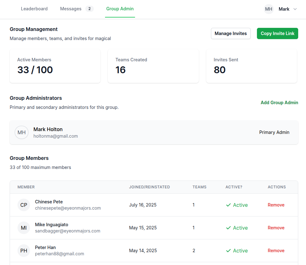 Admin tools to invite and manage players in a major golf pool